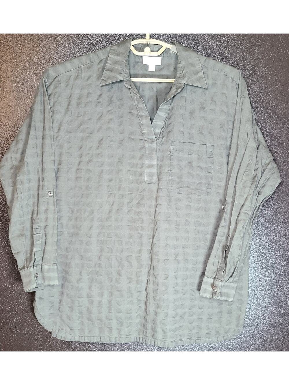 J. Jill Burn Out Plaid Check Button Down Shirt Tunic Roll Tab Womens Med Olive